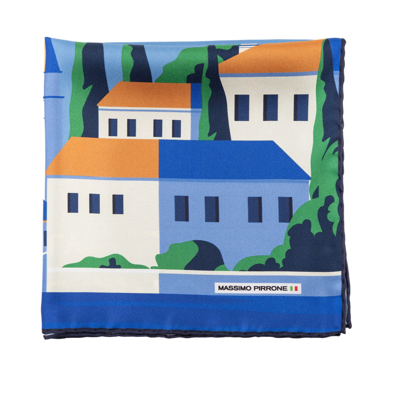 Silk Pocket Square Lago di Como hand stiched edges