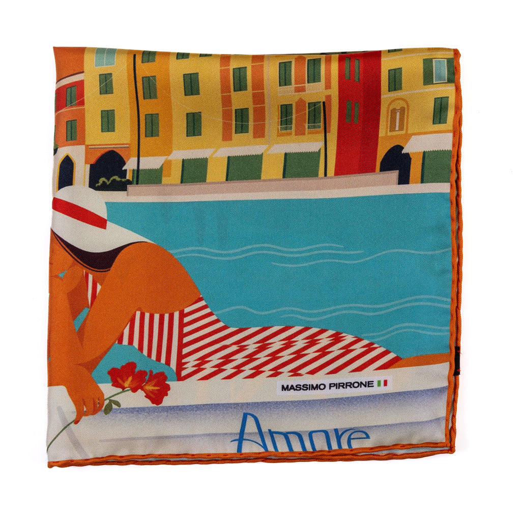 Silk Pocket Square Portofino Liguria hand stiched edges