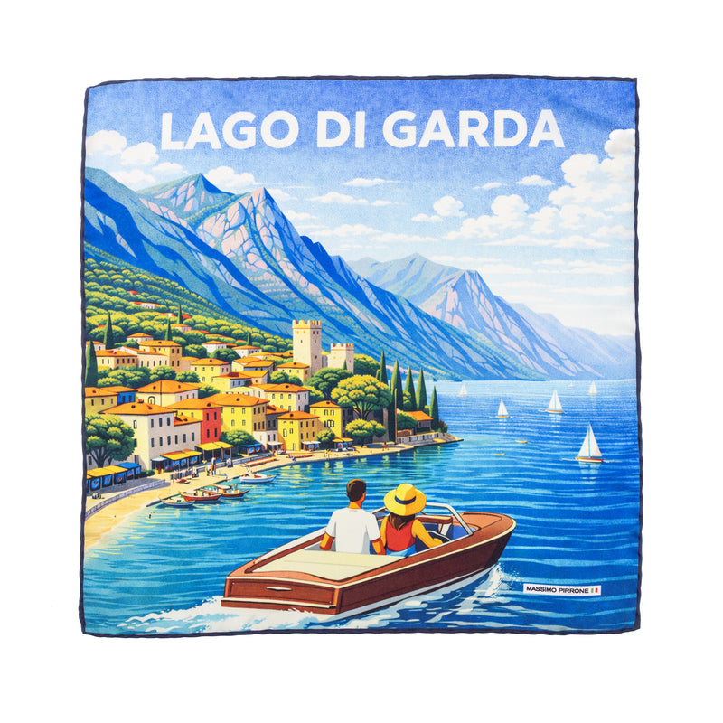 Silk Pocket Square Lago di Garda  hand stiched edges