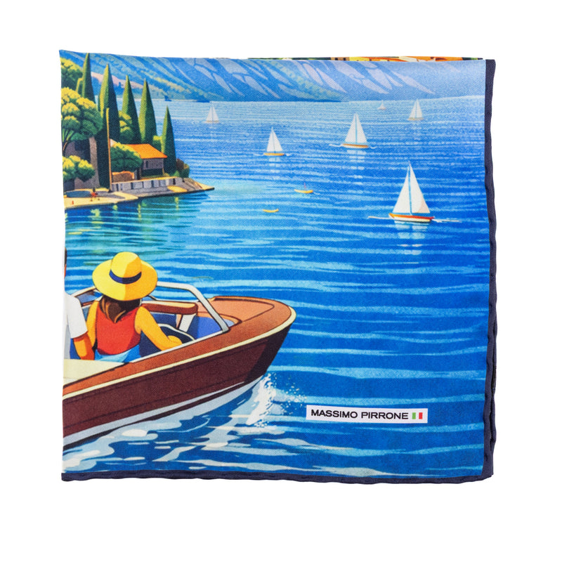 Silk Pocket Square Lago di Garda  hand stiched edges