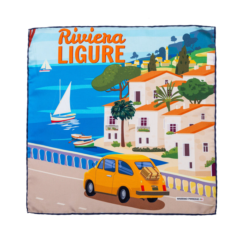 Silk Pocket Square Riviera Ligure  hand  stitched edges
