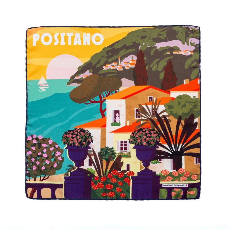 Silk Pocket Square Positano  hand  stitched edges