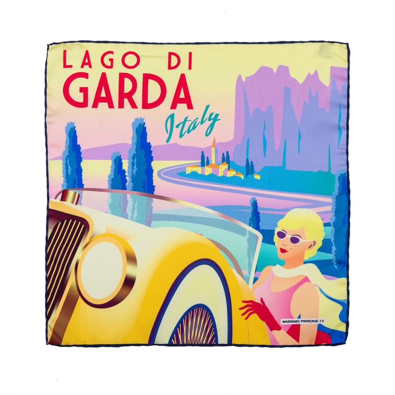 Silk Pocket Square Lago di Garda  hand  stitched edges