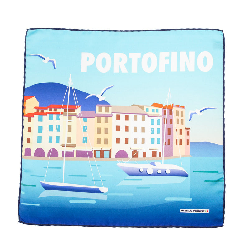 Silk Pocket Square Portofino lungomare  hand  stitched edges