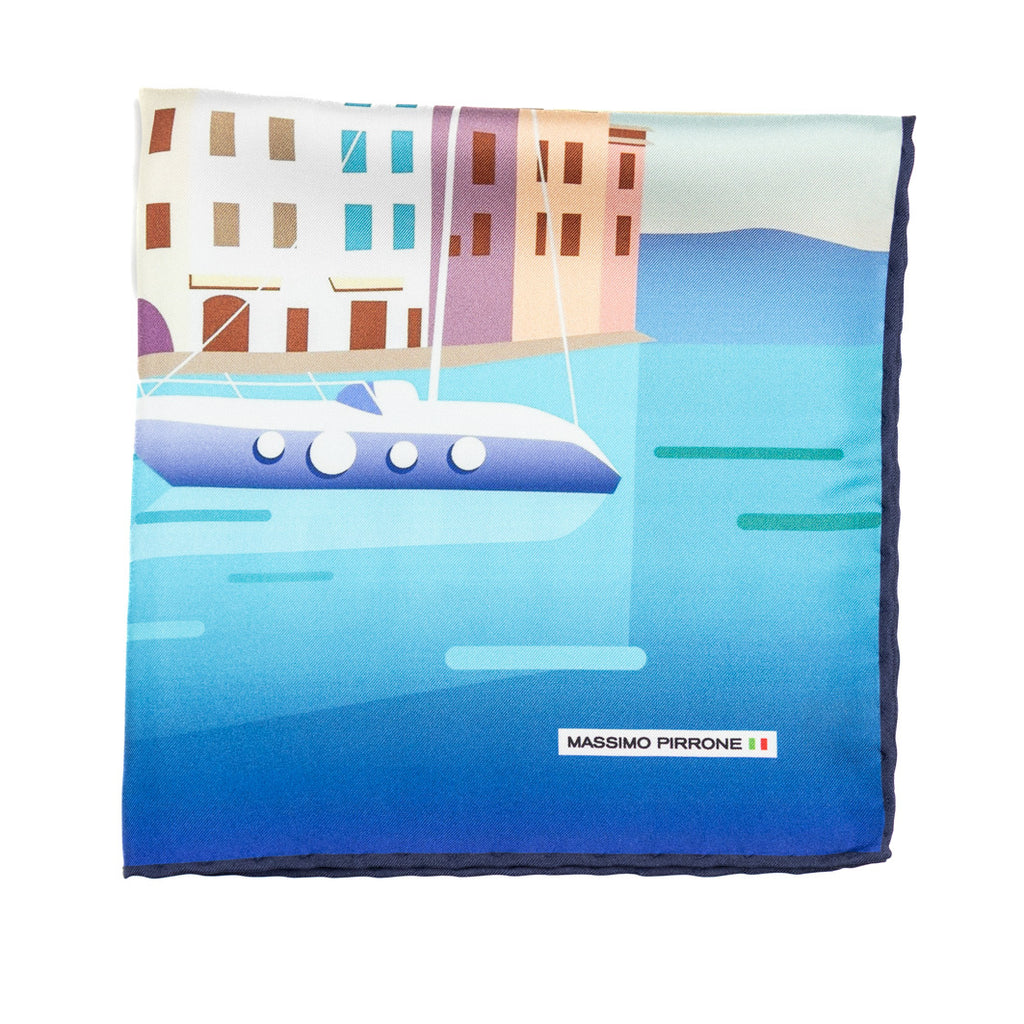 Silk Pocket Square Portofino lungomare  hand  stitched edges