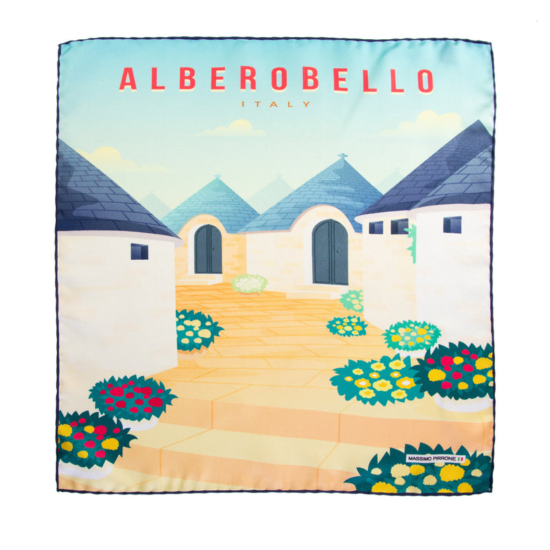 Silk Pocket Square Alberobello  hand  stitched edges