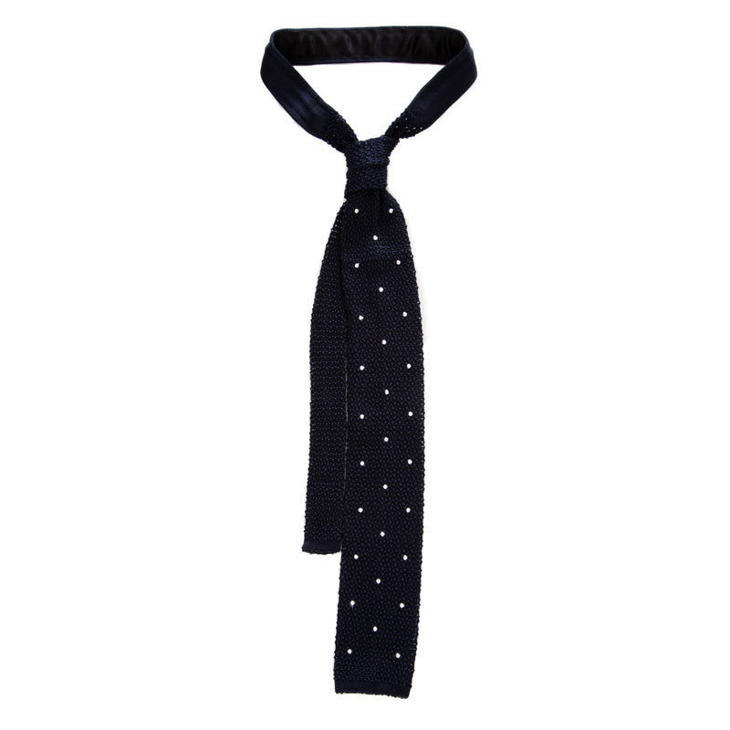 3 FOLD BLUE NAVY POLKA DOT UNLINED  - KNITTED SILK