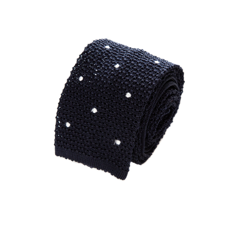 3 FOLD BLUE NAVY POLKA DOT UNLINED  - KNITTED SILK